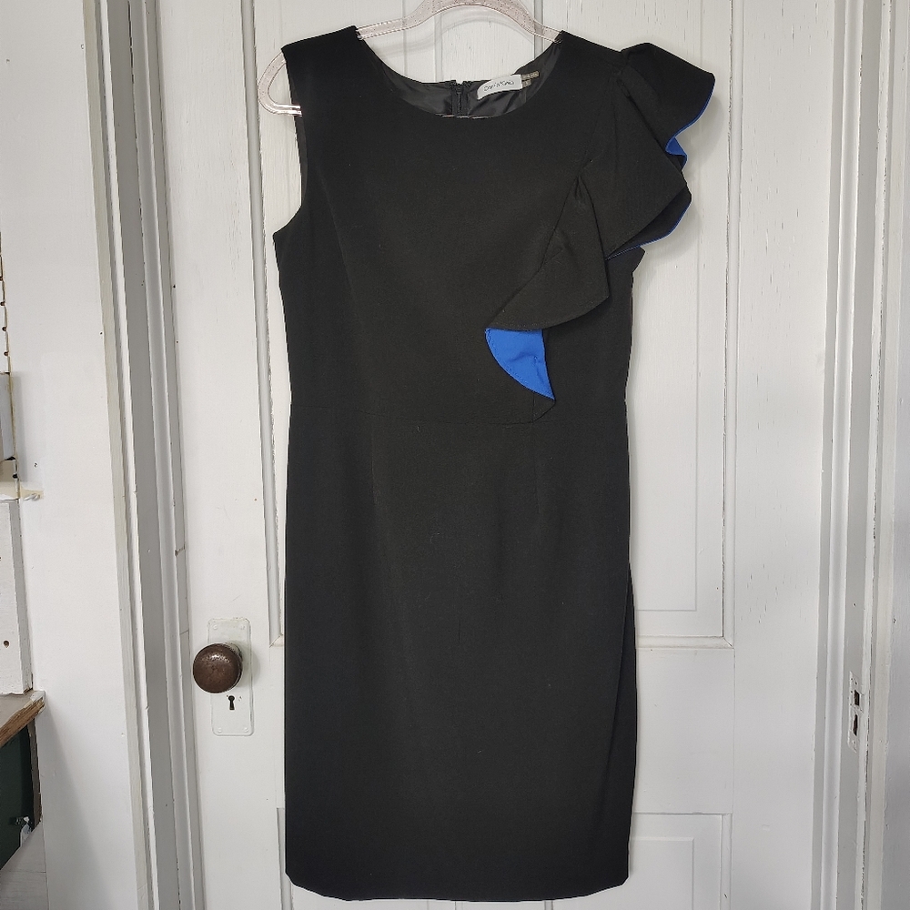 Calvin Klein Ruffle Detail Sheath Dress Size 6 Black And Blue